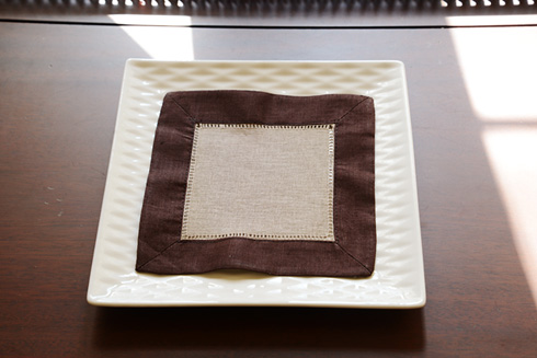 Multicolor Hemstitch Cocktail Napkin 6". Taupe & Brown border - Click Image to Close